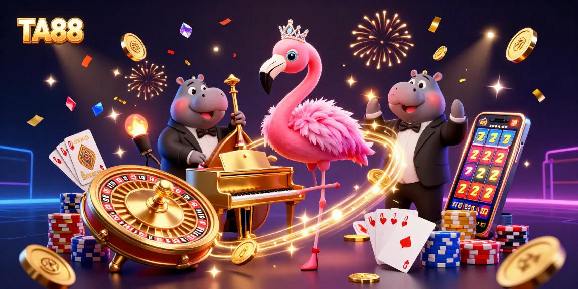 Win big at TA88 with a vibrant casino scene featuring flamingo singers and golden tokens.