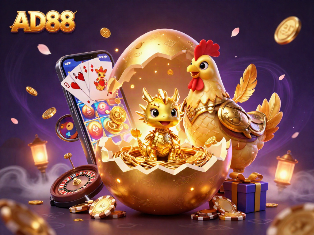 Experience AD88's thrilling gaming scene with a golden dragon and poker chips in a magical casino world.