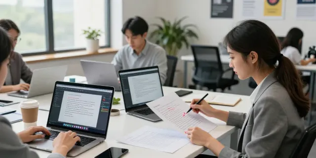 Dewalive team revising MBA application essays in a professional workspace.