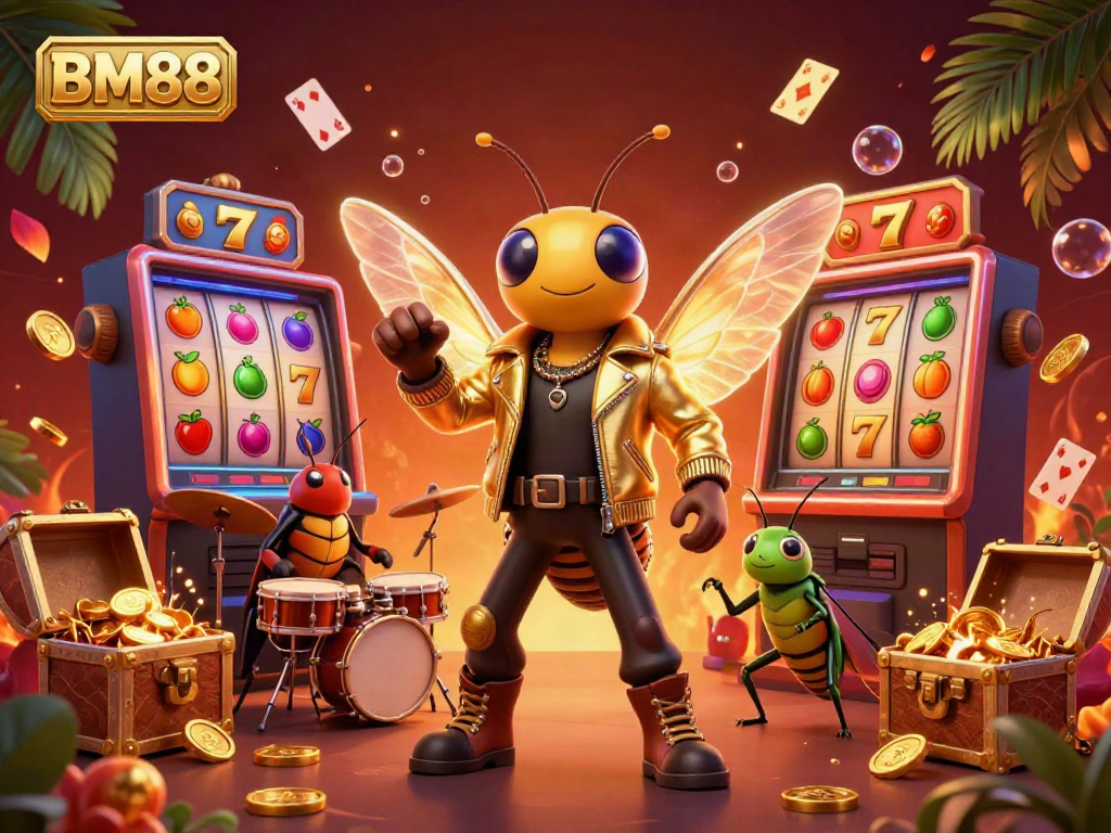 Experience a thrilling gaming atmosphere with BM88's vibrant casino-themed illustration, featuring cartoon characters and exciting game elements.
