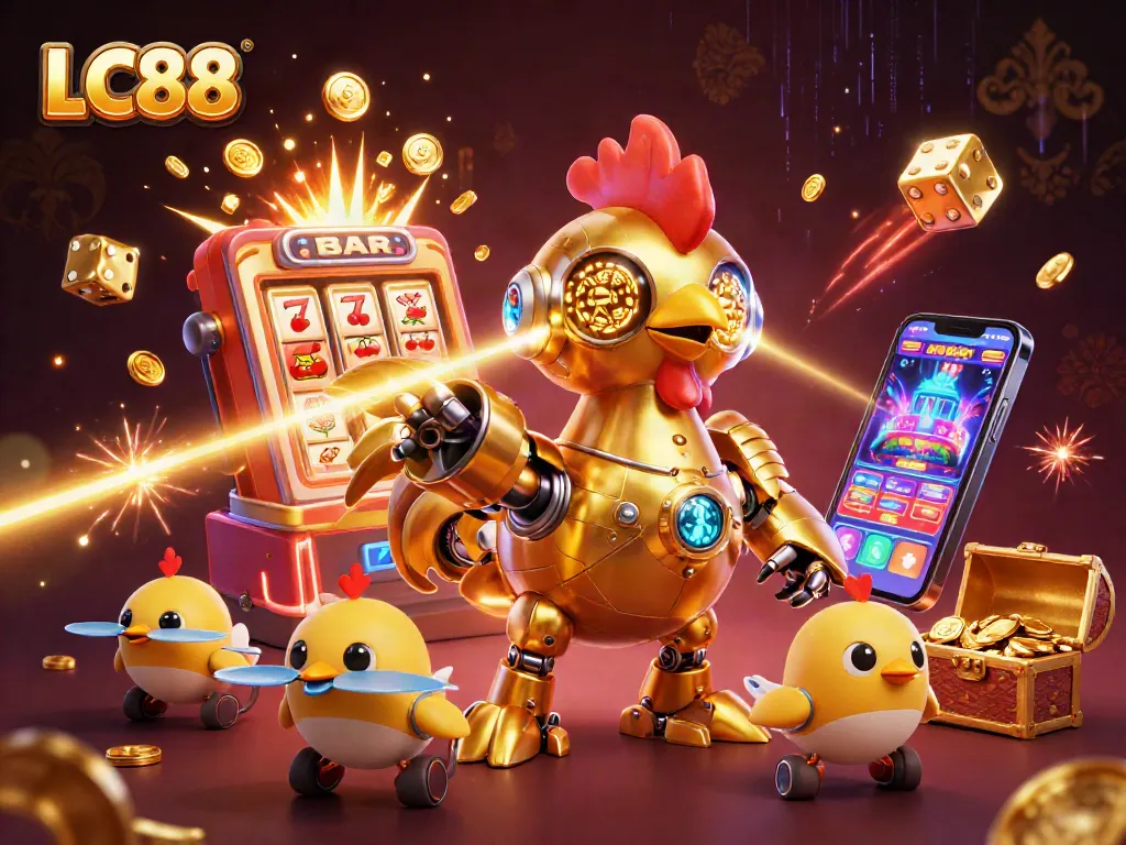 Engage with thrilling LC88 gameplay featuring vibrant slot machines, golden treasures, and cartoon characters.
