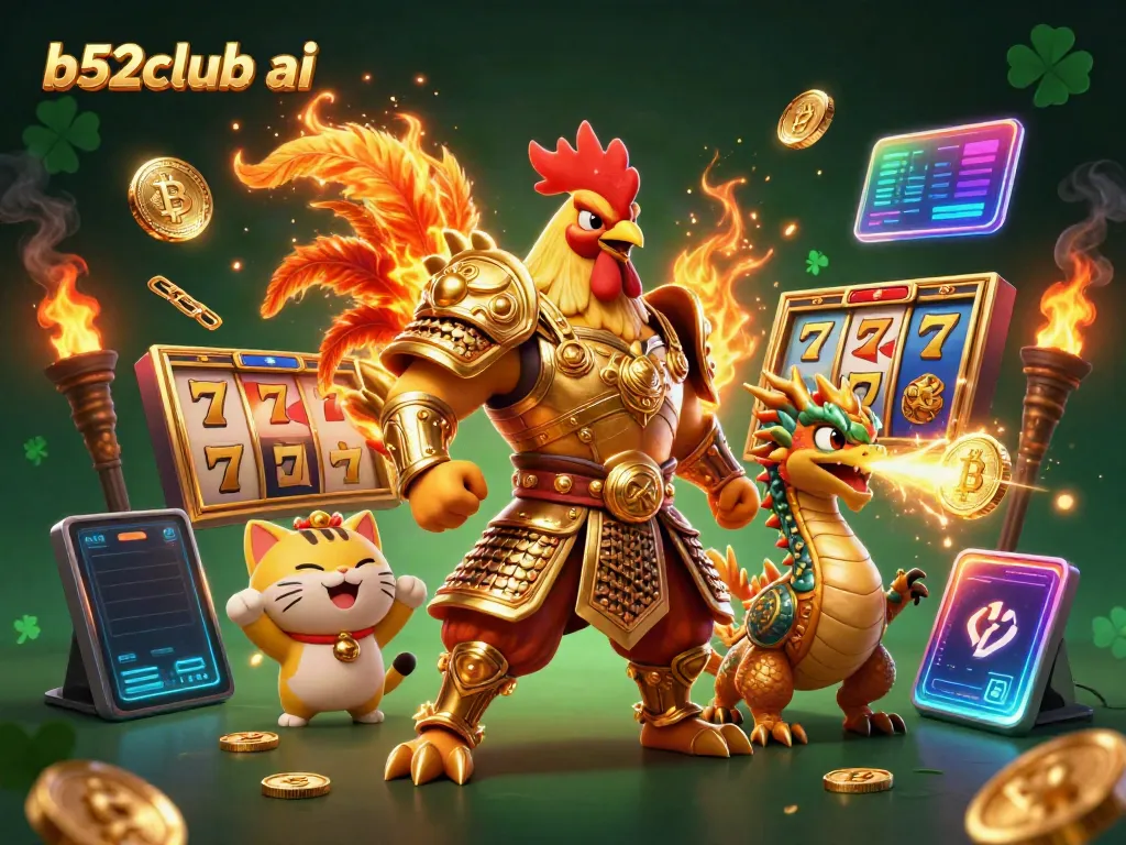 Bettors win big with b52club ai at a lively online casino featuring cartoon characters and slot reels.