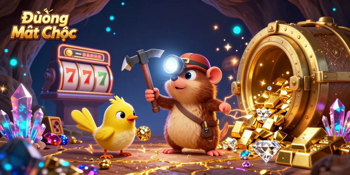 Experience thrilling gameplay with Đường Mạt Chược, showcasing a vibrant 3D scene of a treasure hunter in a dazzling cave.