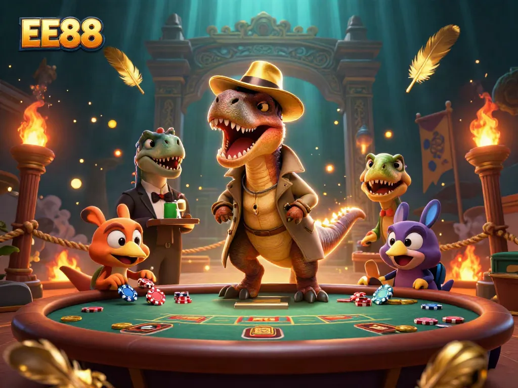 EE88 characters engaging at a blackjack table showcasing unique casino gameplay elements and rich interaction.