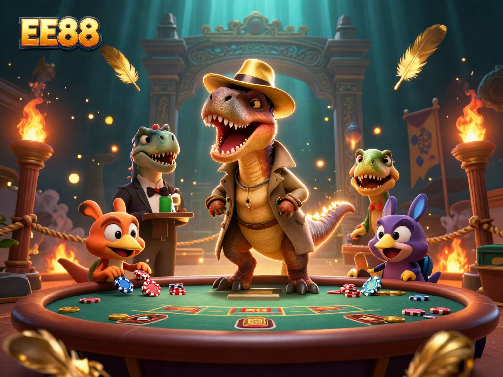 EE88 characters engaging at a blackjack table showcasing unique casino gameplay elements and rich interaction.
