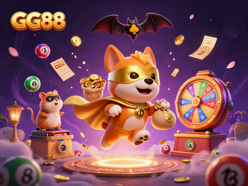GG88 features a superhero dog and hamster amidst vibrant casino elements, bringing excitement to online gaming.