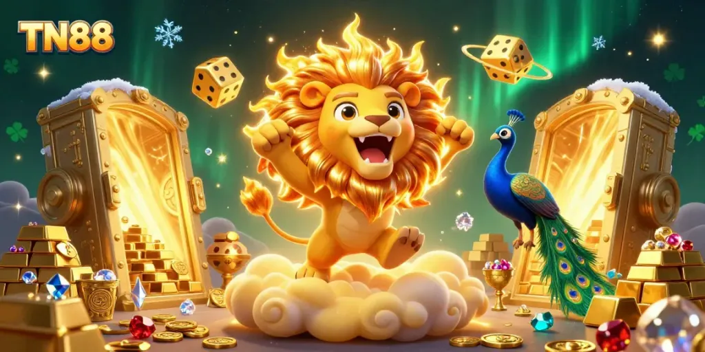Engaging scene showcasing TN88 with a roaring sun lion, sparkling gold treasure, and dynamic casino elements.