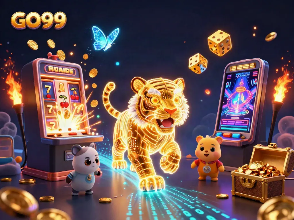 Experience the thrilling atmosphere of GO99 with a neon-wireframe tiger and exciting casino elements.