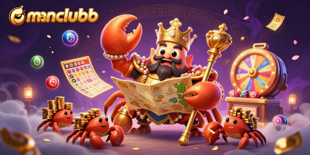 Experience the excitement of manclubb with a vibrant lottery scene featuring a golden crab and colorful dynamic elements.