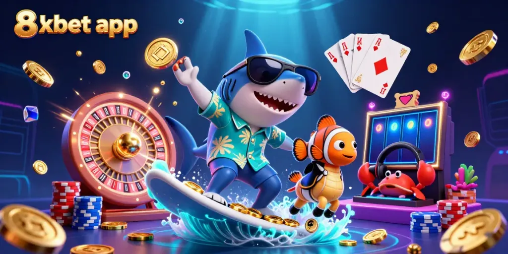 Engage in winning strategies with the 8xbet app, featuring a dynamic casino-themed 3D illustration.