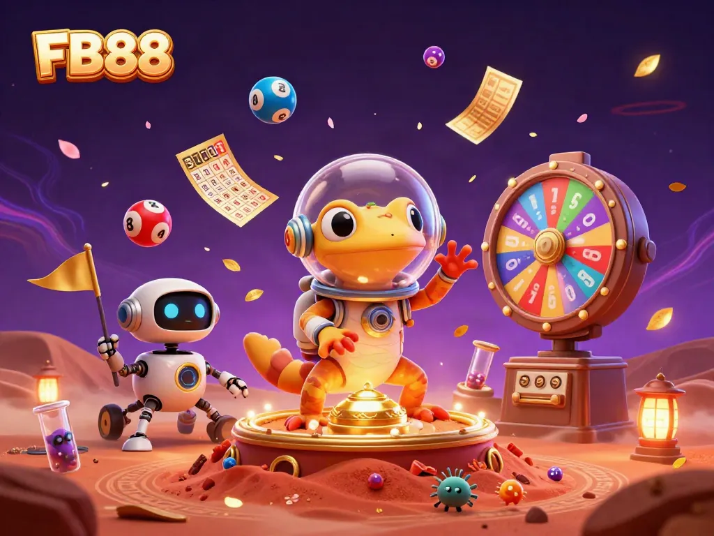 Experience thrilling moments at FB88 with a vibrant casino scene featuring Martian characters and lottery elements.