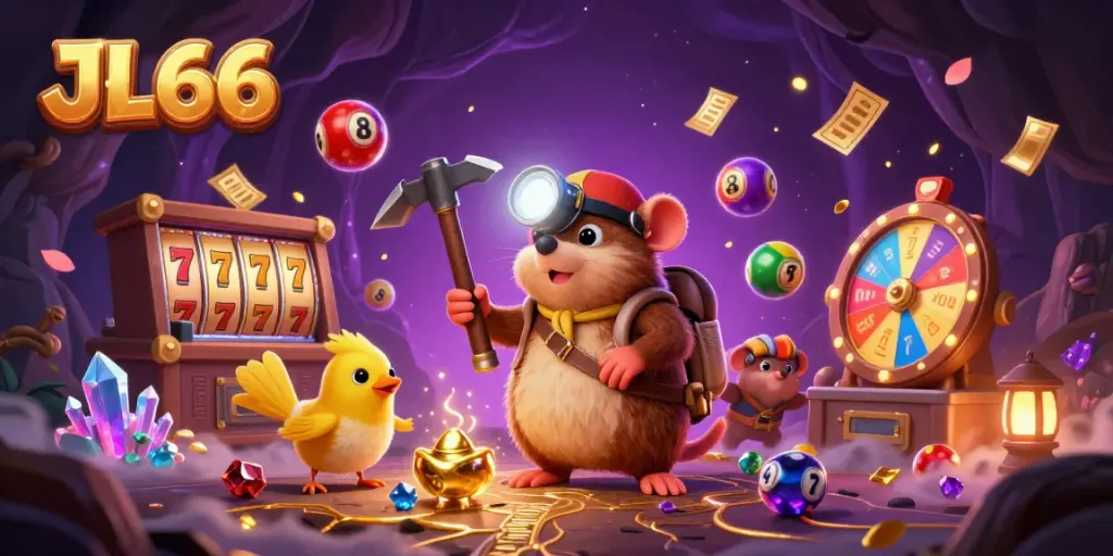 Engage with JL66 through a vibrant treasure hunt featuring a mole, gems, and lottery elements.