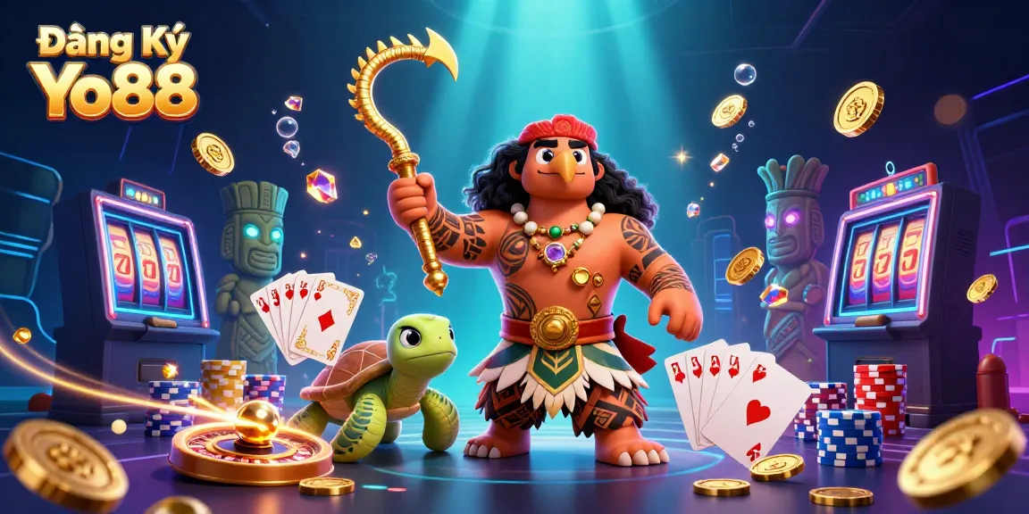 Engaging illustration for Đăng Ký Yo88 showcasing vibrant casino elements and cartoon characters.