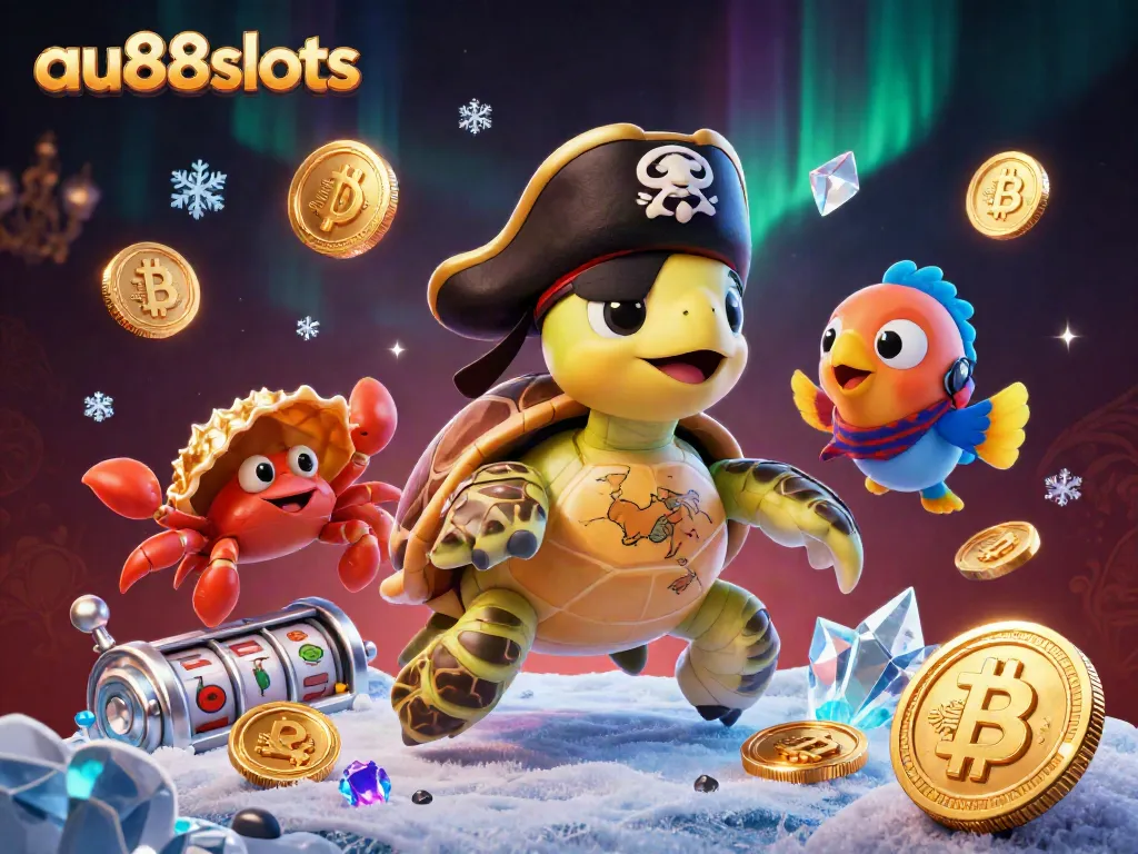 Spin and win with au88slots featuring pirate turtles, colorful coins, and vibrant treasure.