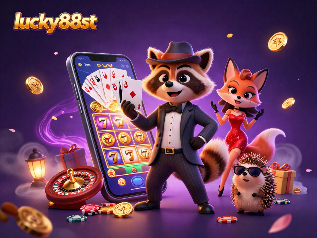 Experience lucky88st with a cartoon raccoon winning big in a vibrant casino scene.