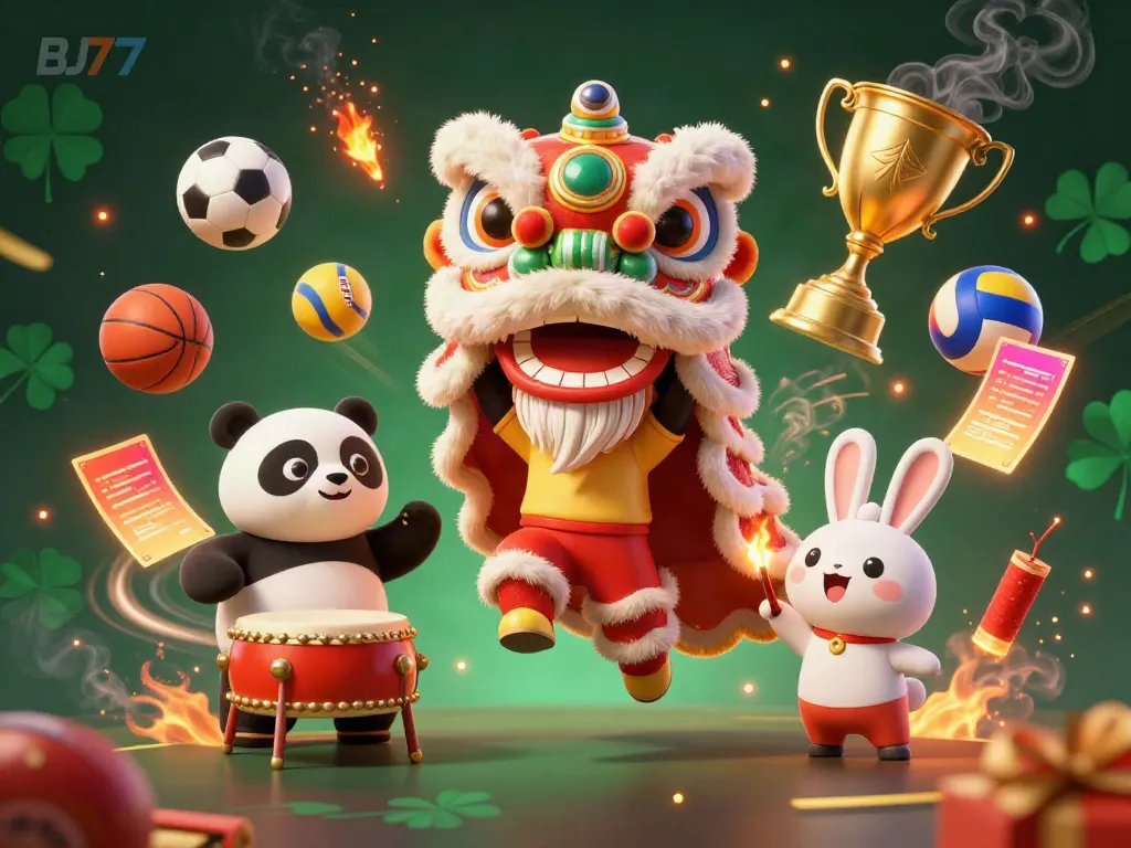 BJ77 promotional illustration with a lion dance, drumming panda, and vibrant sports elements.