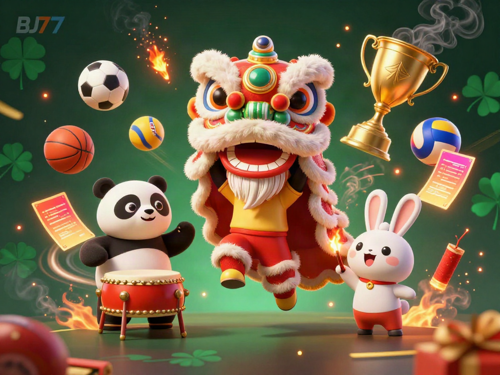 BJ77 promotional illustration with a lion dance, drumming panda, and vibrant sports elements.