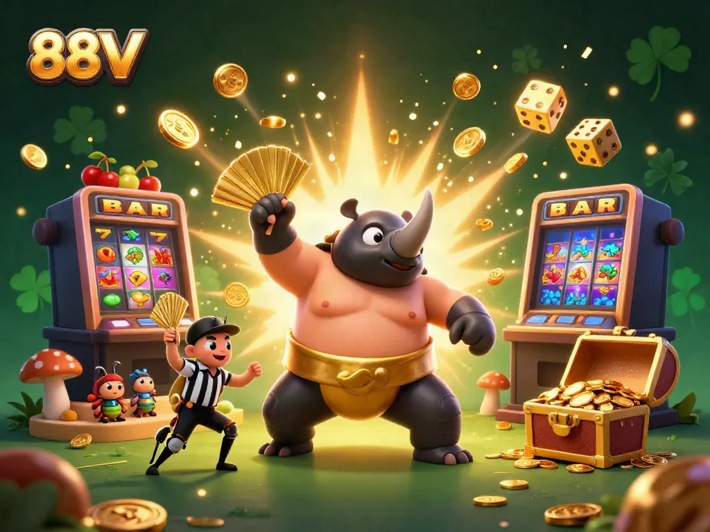 Experience vibrant winning moments with 88VV as the rhinoceros beetle sumo champion triumphs, coins splashing everywhere.
