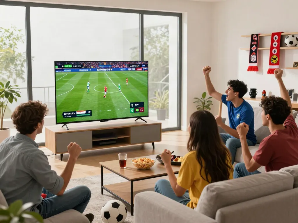 Friends enjoying a live football match on GavangTV in a vibrant living room.
