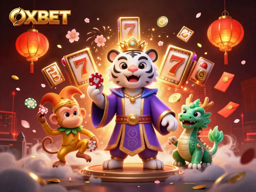 Experience OXBET's exciting slots with a vibrant casino scene featuring a regal tiger and lively gold monkey.