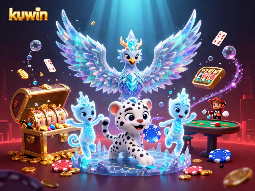 Engage in exciting kuwin casino games with an ice phoenix and snow leopard at a vibrant casino.