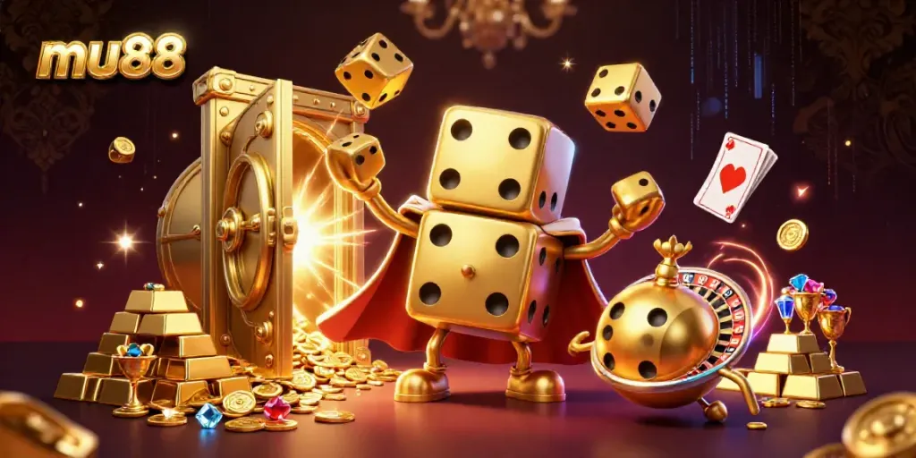 Experience the excitement of mu88 casino with dynamic golden dice and treasure in a vibrant 3D illustration.