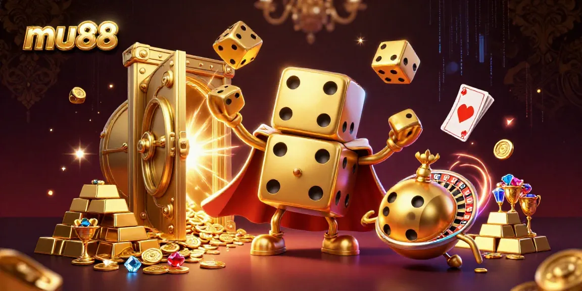Experience the excitement of mu88 casino with dynamic golden dice and treasure in a vibrant 3D illustration.