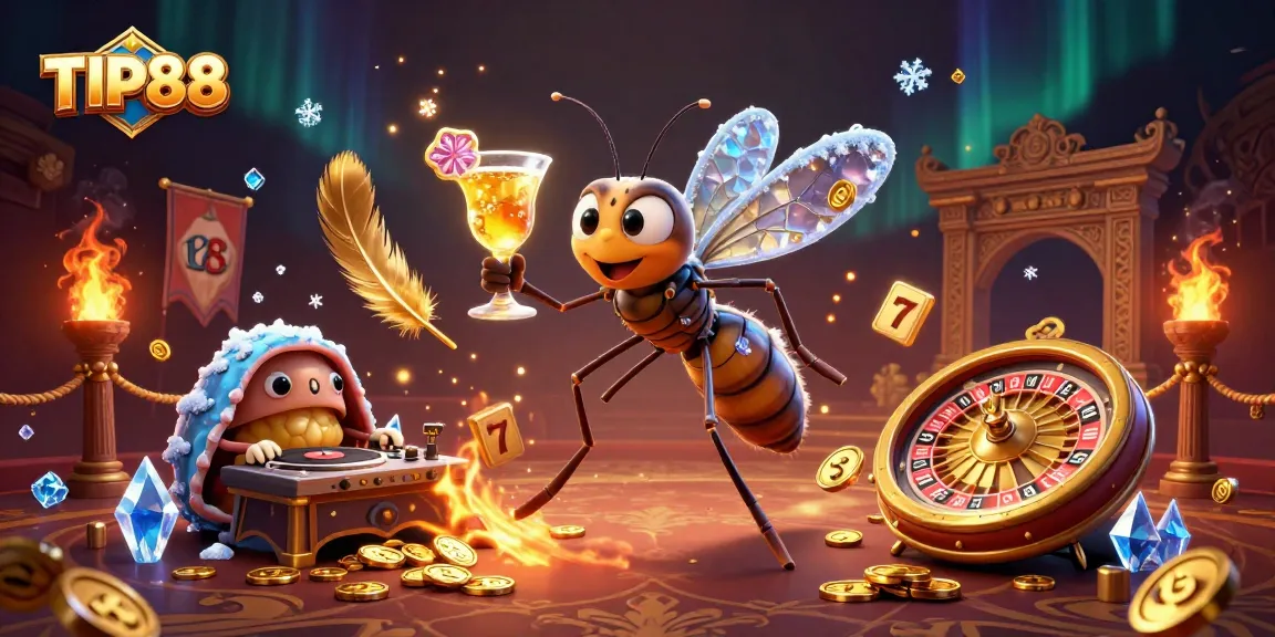Experience the excitement of TIP88 with an energetic casino scene featuring unique characters and vibrant game elements.