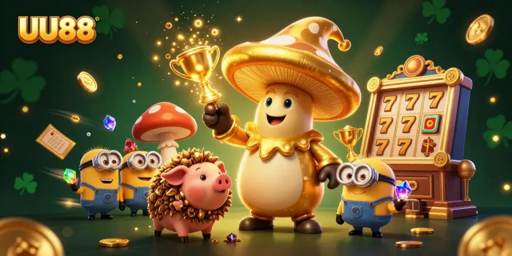 Experience UU88's vibrant casino magic with golden character-themed slot games and treasures.