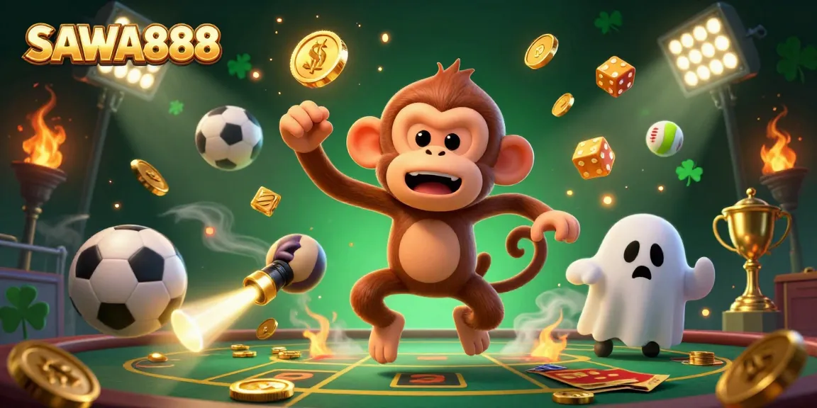 Engage with SAWA888's vibrant casino scene showcasing a mischievous ghost monkey juggling golden objects.