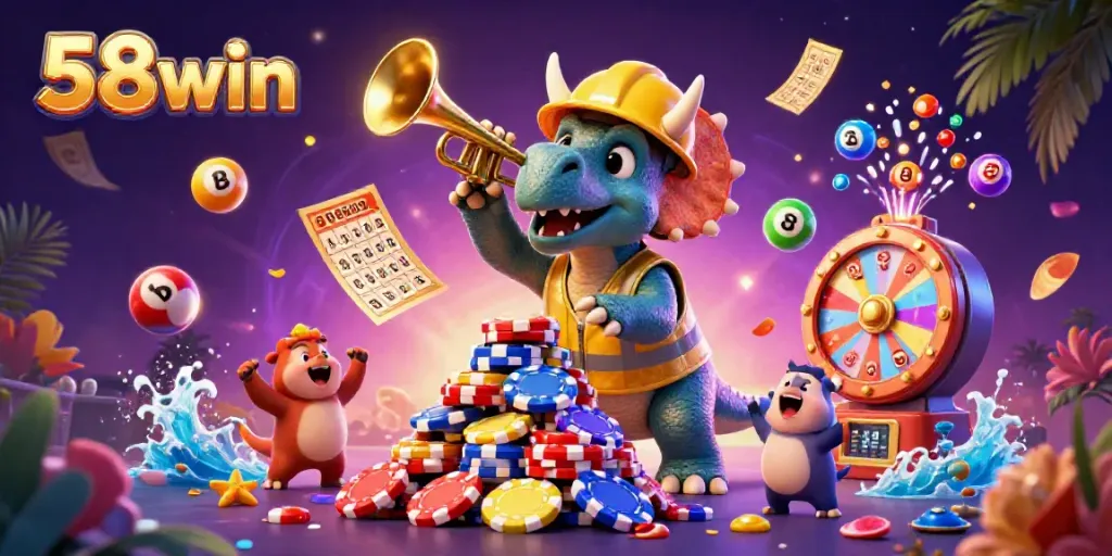 Engage in fun gameplay at 58win with a colorful illustration featuring dynamic characters and casino elements.