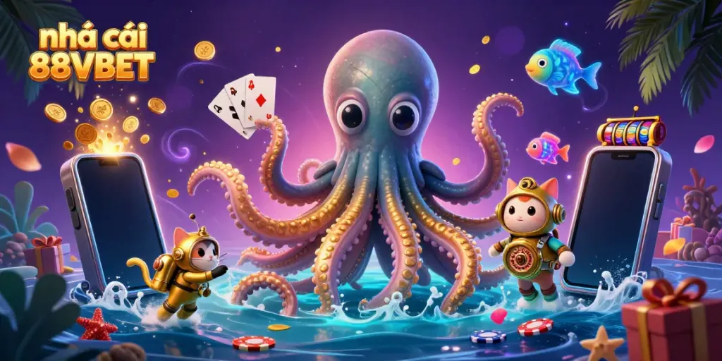 Engage with exciting games at nhà cái 88VBET, featuring a dynamic scene with a kraken, divers, and casino elements.