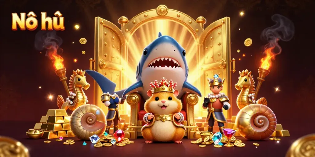 Experience the action of Nổ hũ with a vibrant scene featuring a golden hamster king on a megalodon throne amid sparkling treasures.