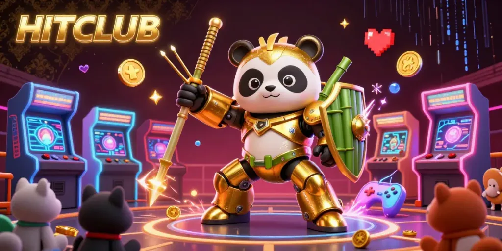 Experience thrilling gameplay at HITCLUB with a vibrant mech-suit panda and colorful gaming elements.