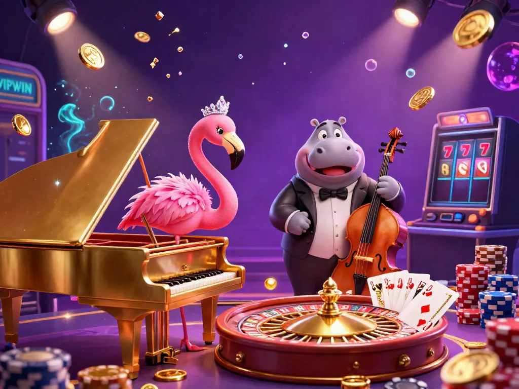 Experience the thrill of VIPWIN with a vibrant casino scene showcasing a flamingo singer and hippo bassist.