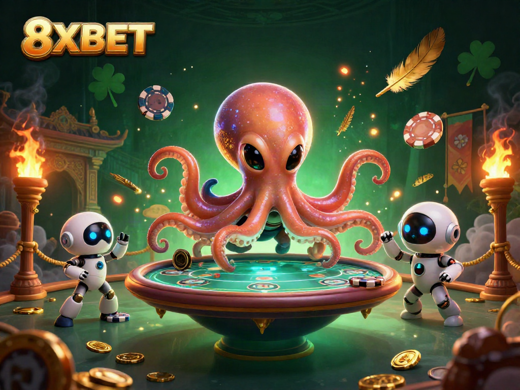 Experience thrilling action at 8XBET's holographic poker table with alien octopus and robot.