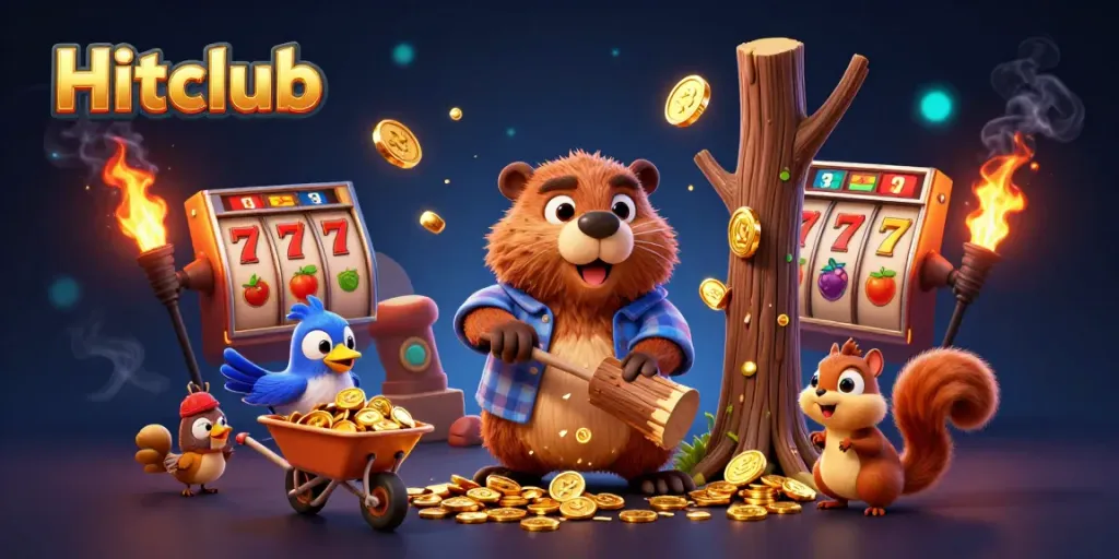 Hitclub offers exciting jackpot games with gold coins raining from a lumberjack beaver character.