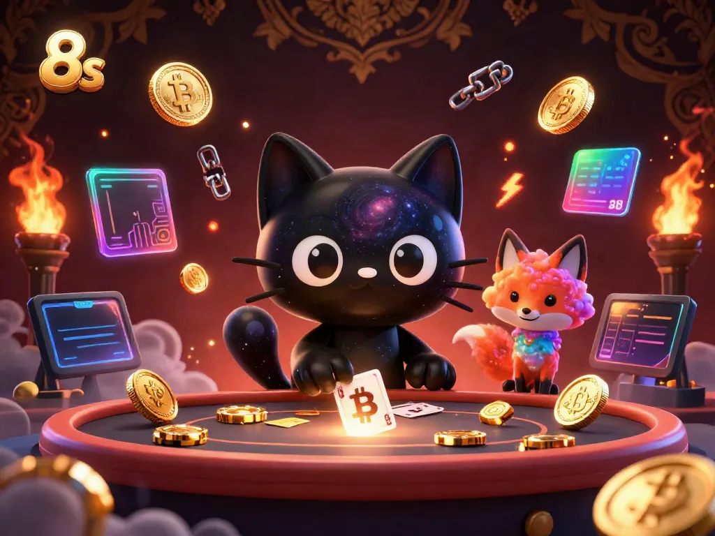 Experience thrilling wins with 8s at a cosmic casino, where a black hole cat and nebula fox celebrate under dazzling neon lights.