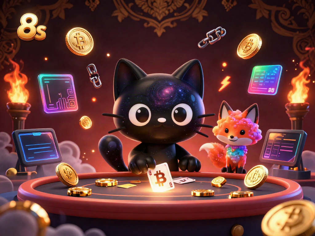 Experience thrilling wins with 8s at a cosmic casino, where a black hole cat and nebula fox celebrate under dazzling neon lights.