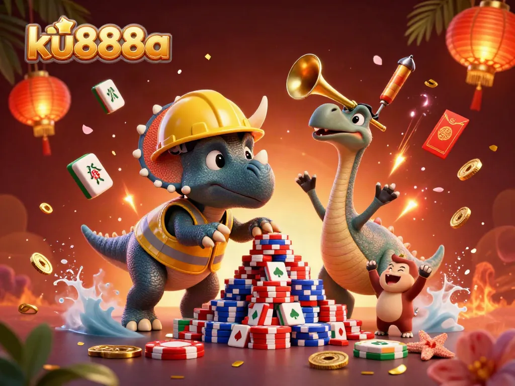 Experience the dynamic excitement of ku888a with a vibrant 3D illustration showcasing gambling elements and cheerful characters.