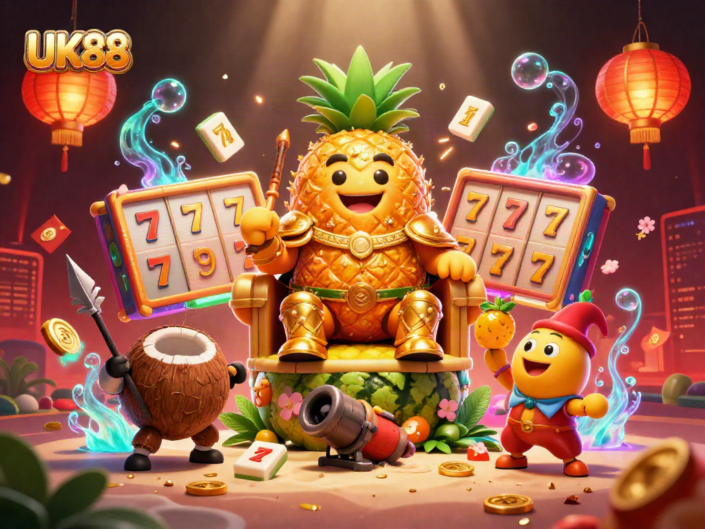 Experience thrilling gaming action with UK88’s vibrant casino-themed illustration featuring dynamic characters and festive elements.