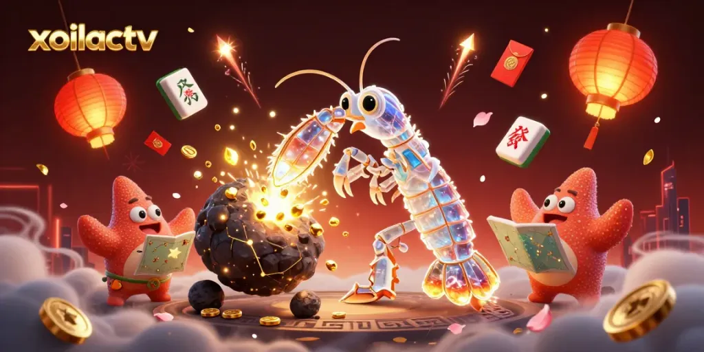 Engage with the action of xoilactv as the mantis shrimp bursts through an asteroid showering gems and coins, amidst a festive backdrop.