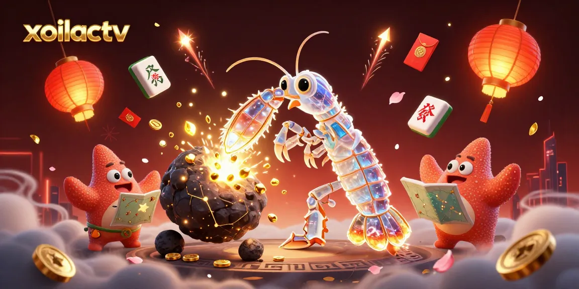 Engage with the action of xoilactv as the mantis shrimp bursts through an asteroid showering gems and coins, amidst a festive backdrop.