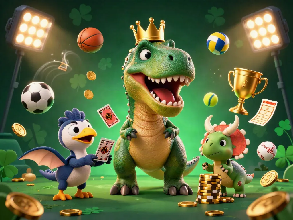 LU88 interactive illustration showcasing a T-Rex dealing cards and a Triceratops stacking chips while sports elements fly around.