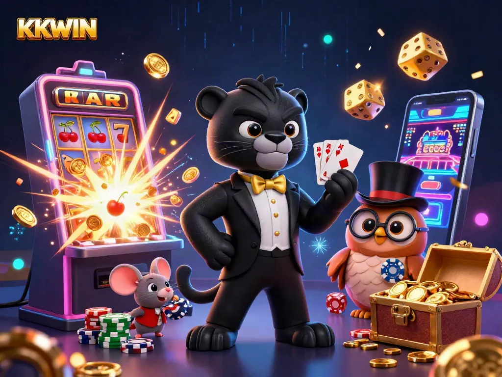 Engage with KKWIN through a vibrant scene of a panther, owl, and mouse amidst an exciting casino environment.
