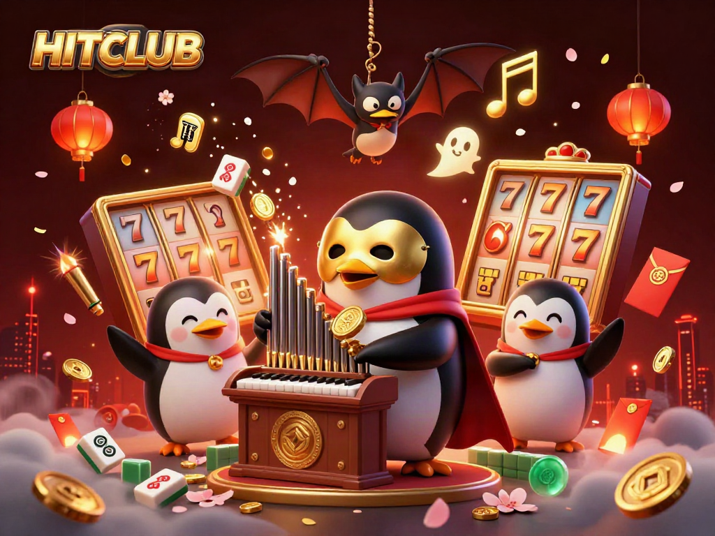 HITCLUB showcases a thrilling casino scene with a penguin and acrobat amidst vibrant elements.