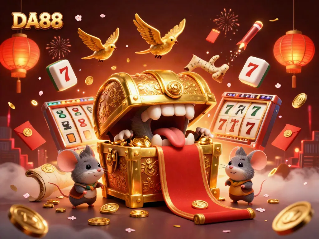 Spin the reels with DA88 in this dynamic 3D casino scene featuring treasure chests and slot machines.
