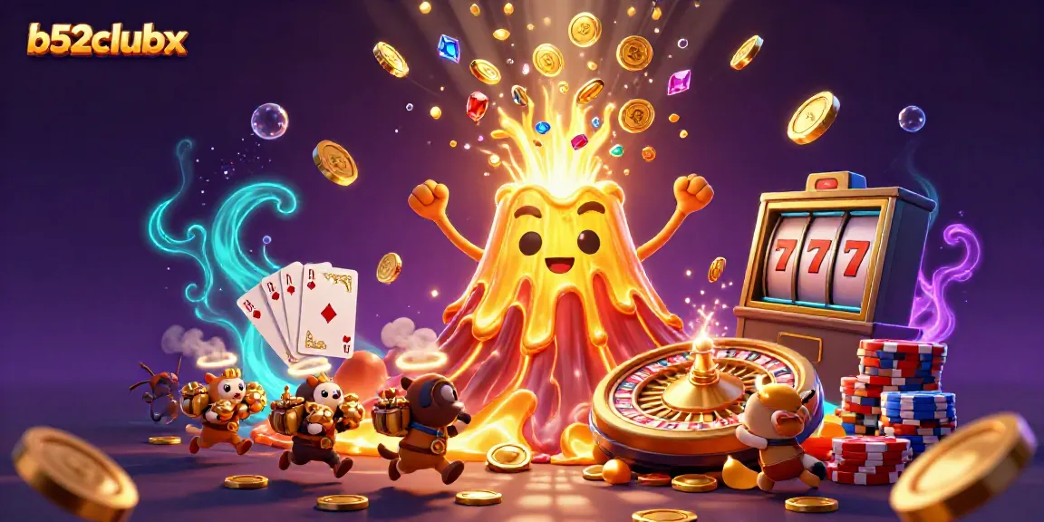 Engage with the thrilling b52clubx world, showcasing a golden volcano erupting coins, lively characters, and vibrant slot games.