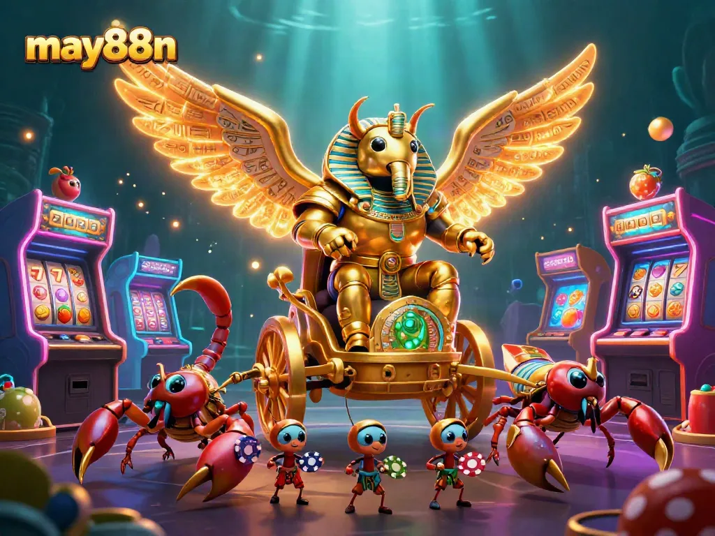 Experience the excitement of may88n with golden scarab and scorpion chariot in a vibrant casino scene.