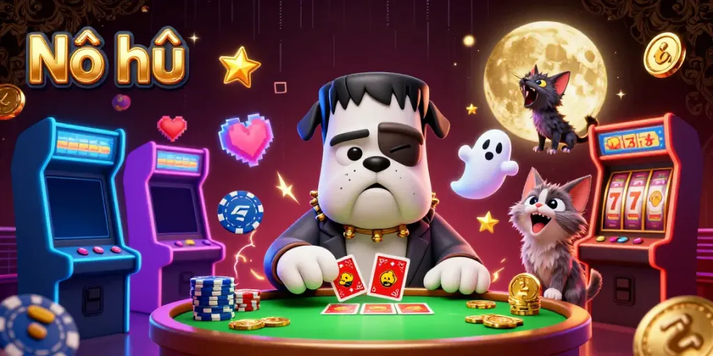 Nổ hũ monster-themed illustration depicting a playful 3D bulldog and characters at a casino-like table.